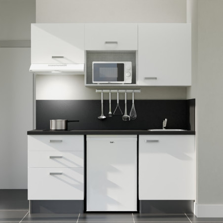 Kitchenette 180 cm blanche K20L-PT, crédence et plan de travail stratifié noir, frigo, hotte et micro-ondes blanc