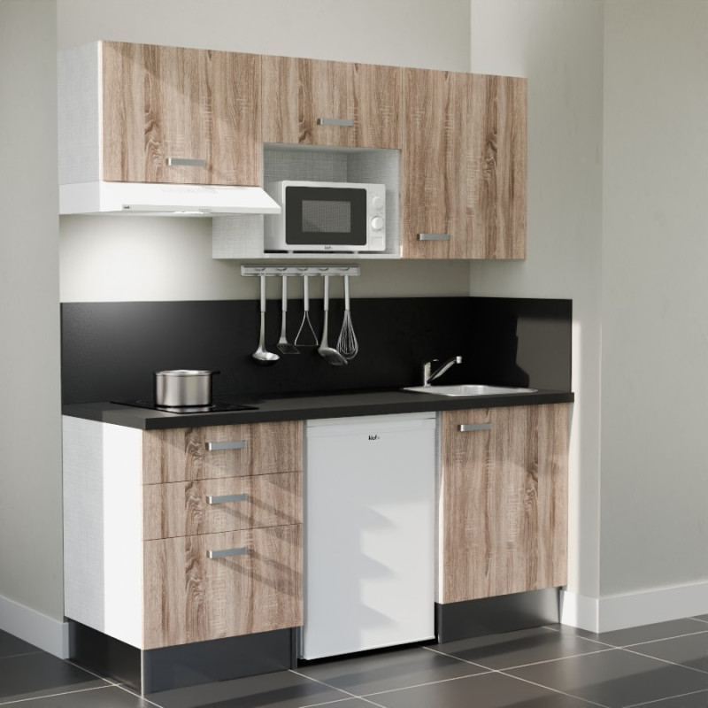 Kitchenette 180 cm bois K20L-PT, crédence et plan de travail stratifié noir, frigo, hotte et micro-ondes blanc Kitchenette 180 cm bois K20L-PT, crédence et plan de travail stratifié noir, frigo, hotte et micro-ondes blanc