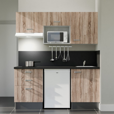 Kitchenette 180 cm bois K20L-PT, crédence et plan de travail stratifié noir, frigo, hotte et micro-ondes blanc