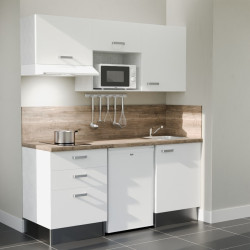 Kitchenette 180 cm blanche K20L-PT, crédence et plan de travail stratifié bois, frigo, hotte et micro-ondes blanc