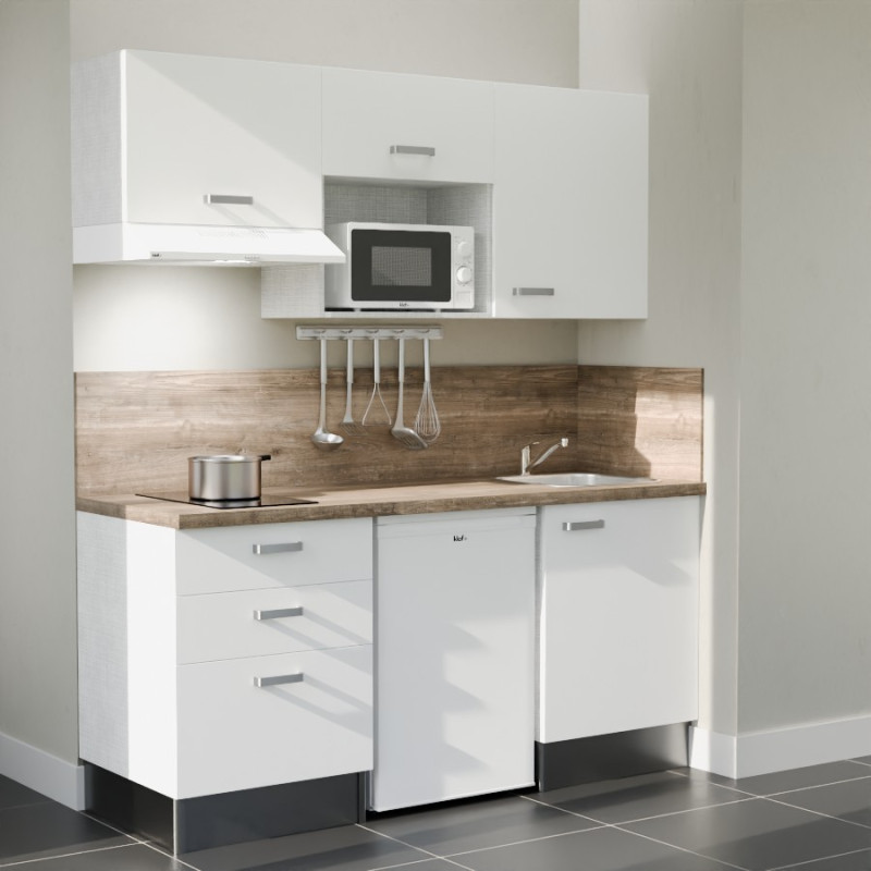 Kitchenette 180 cm blanche K20L-PT, crédence et plan de travail stratifié bois, frigo, hotte et micro-ondes blanc Kitchenette 180 cm blanche K20L-PT, crédence et plan de travail stratifié bois, frigo, hotte et micro-ondes blanc