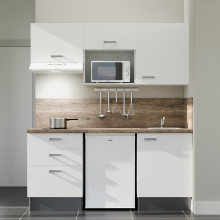 Kitchenette 180 cm blanche K20L-PT, crédence et plan de travail stratifié bois, frigo, hotte et micro-ondes blanc