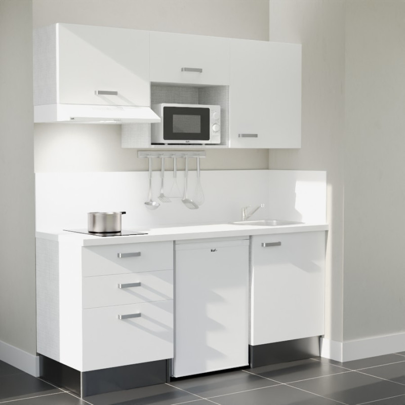 Kitchenette 180 cm blanche K20L-PT, crédence et plan de travail stratifié blanc, frigo, hotte et micro-ondes blanc Kitchenette 180 cm blanche K20L-PT, crédence et plan de travail stratifié blanc, frigo, hotte et micro-ondes blanc