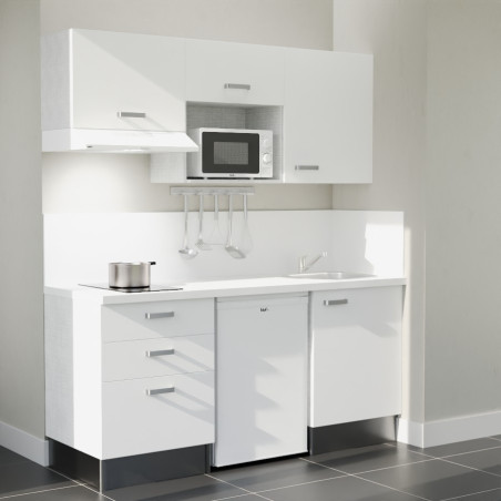 Kitchenette 180 cm blanche K20L-PT, crédence et plan de travail stratifié blanc, frigo, hotte et micro-ondes blanc