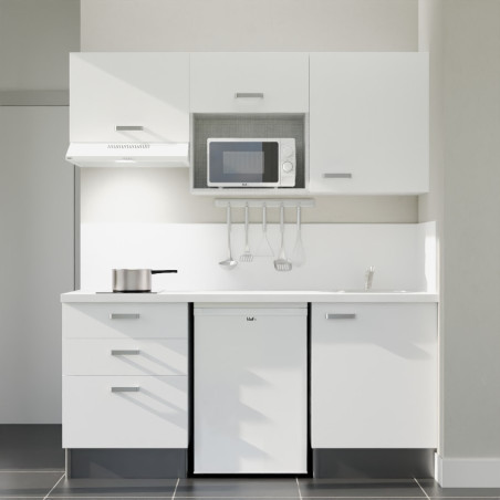 Kitchenette 180 cm blanche K20L-PT, crédence et plan de travail stratifié blanc, frigo, hotte et micro-ondes blanc