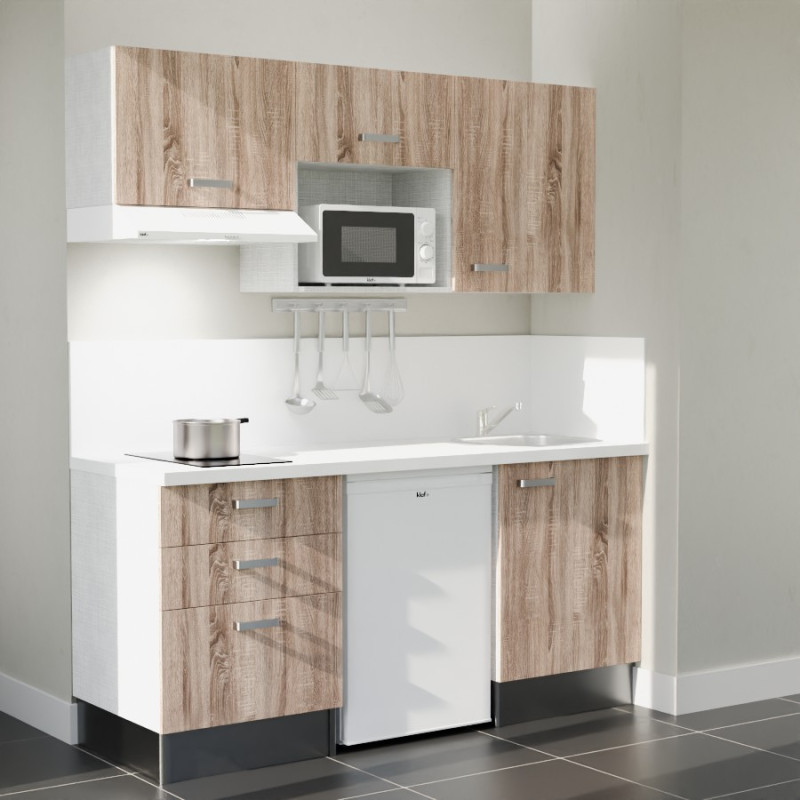 Kitchenette 180 cm bois K20L-PT, crédence et plan de travail stratifié blanc, frigo, hotte et micro-ondes blanc Kitchenette 180 cm bois K20L-PT, crédence et plan de travail stratifié blanc, frigo, hotte et micro-ondes blanc