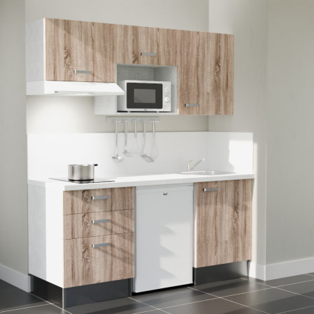 Kitchenette 180 cm bois K20L-PT, crédence et plan de travail stratifié blanc, frigo, hotte et micro-ondes blanc