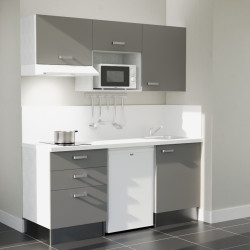 Kitchenette 180 cm grise K20L-PT, crédence et plan de travail stratifié blanc, frigo, hotte et micro-ondes blanc