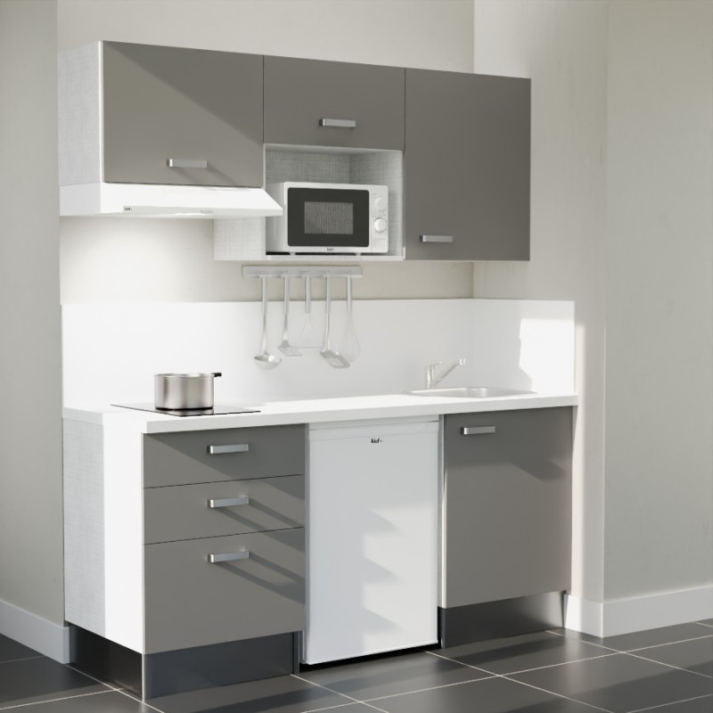 Kitchenette 180 cm grise K20L-PT, crédence et plan de travail stratifié blanc, frigo, hotte et micro-ondes blanc Kitchenette 180 cm grise K20L-PT, crédence et plan de travail stratifié blanc, frigo, hotte et micro-ondes blanc