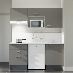 Kitchenette 180 cm grise K20L-PT, crédence et plan de travail stratifié blanc, frigo, hotte et micro-ondes blanc