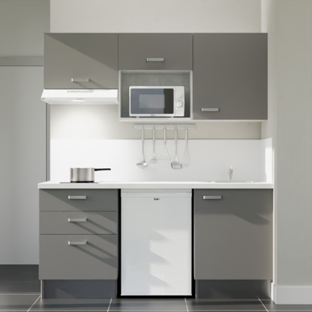 Kitchenette 180 cm grise K20L-PT, crédence et plan de travail stratifié blanc, frigo, hotte et micro-ondes blanc