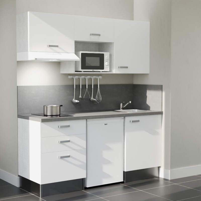 Kitchenette 180 cm blanche K20L-PT, crédence et plan de travail stratifié gris, frigo, hotte et micro-ondes blanc Kitchenette 180 cm blanche K20L-PT, crédence et plan de travail stratifié gris, frigo, hotte et micro-ondes blanc