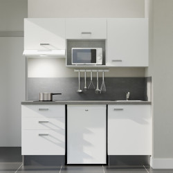 Kitchenette 180 cm blanche K20L-PT, crédence et plan de travail stratifié gris, frigo, hotte et micro-ondes blanc