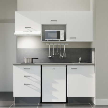 Kitchenette 180 cm blanche K20L-PT, crédence et plan de travail stratifié gris, frigo, hotte et micro-ondes blanc