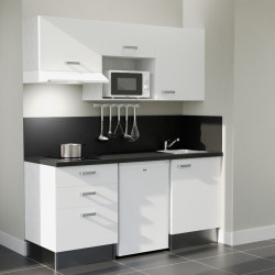 Kitchenette 180 cm blanche K20L-PT, crédence et plan de travail stratifié noir, frigo, hotte et micro-ondes blanc
