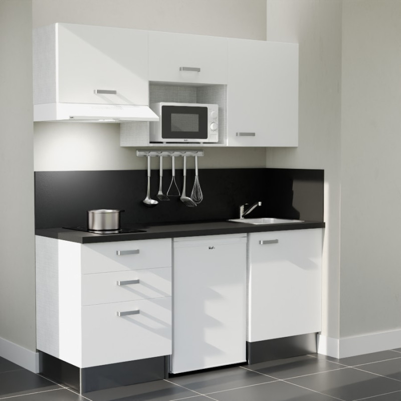 Kitchenette 180 cm blanche K20L-PT, crédence et plan de travail stratifié noir, frigo, hotte et micro-ondes blanc Kitchenette 180 cm blanche K20L-PT, crédence et plan de travail stratifié noir, frigo, hotte et micro-ondes blanc