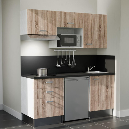 Kitchenette 180 cm bois K20L-PT, crédence et plan de travail stratifié noir, frigo, hotte et micro-ondes inox
