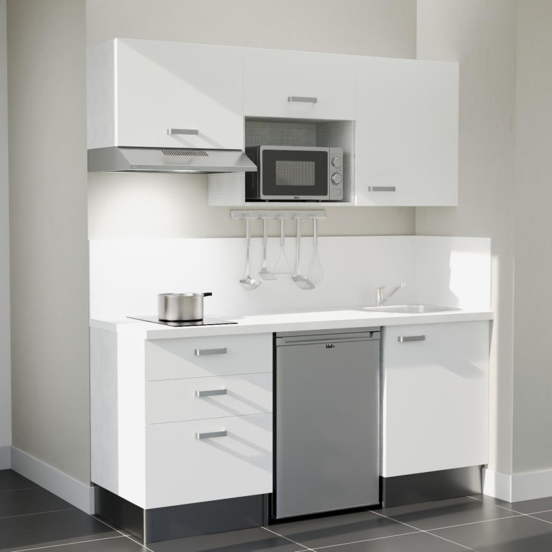 Kitchenette 180 cm blanche K20L-PT, crédence et plan de travail stratifié blanc, frigo, hotte et micro-ondes inox Kitchenette 180 cm blanche K20L-PT, crédence et plan de travail stratifié blanc, frigo, hotte et micro-ondes inox