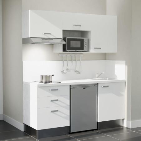 Kitchenette 180 cm blanche K20L-PT, crédence et plan de travail stratifié blanc, frigo, hotte et micro-ondes inox