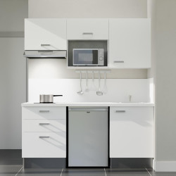 Kitchenette 180 cm blanche K20L-PT, crédence et plan de travail stratifié blanc, frigo, hotte et micro-ondes inox