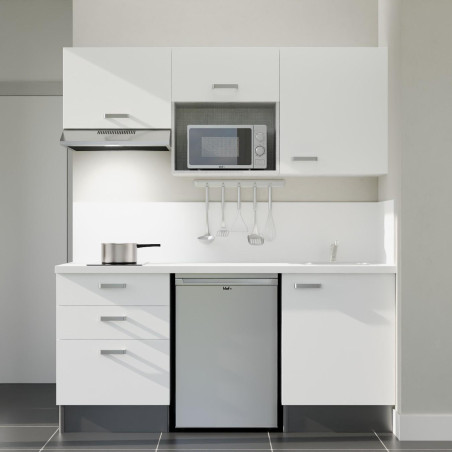 Kitchenette 180 cm blanche K20L-PT, crédence et plan de travail stratifié blanc, frigo, hotte et micro-ondes inox