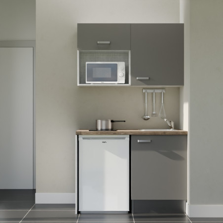 Kitchenette 120 cm grise K07L-PT, plan de travail stratifié bois, frigo et micro-ondes blanc