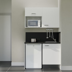 Kitchenette 120 cm blanche K07L-PT, crédence et plan de travail stratifié noir, frigo et micro-ondes blanc