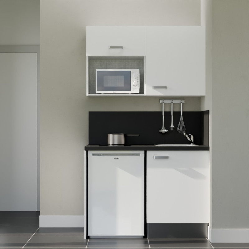 Kitchenette 120 cm blanche K07L-PT, crédence et plan de travail stratifié noir, frigo et micro-ondes blanc Kitchenette 120 cm blanche K07L-PT, crédence et plan de travail stratifié noir, frigo et micro-ondes blanc