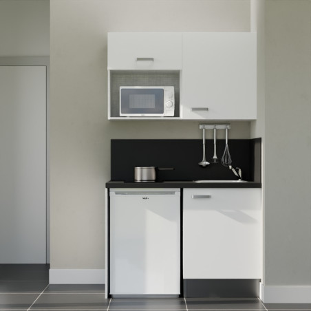 Kitchenette 120 cm blanche K07L-PT, crédence et plan de travail stratifié noir, frigo et micro-ondes blanc