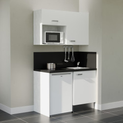 Kitchenette 120 cm blanche K07L-PT, crédence et plan de travail stratifié noir, frigo et micro-ondes blanc