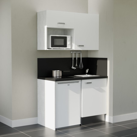 Kitchenette 120 cm blanche K07L-PT, crédence et plan de travail stratifié noir, frigo et micro-ondes blanc
