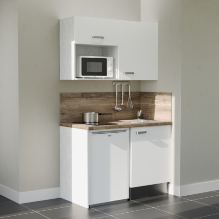Kitchenette 120 cm blanche K07L-PT, crédence et plan de travail stratifié bois, frigo et micro-ondes blanc