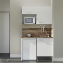 Kitchenette 120 cm blanche K07L-PT, crédence et plan de travail stratifié bois, frigo et micro-ondes blanc