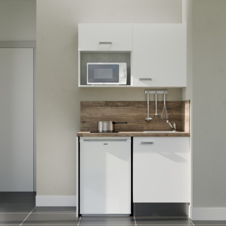 Kitchenette 120 cm blanche K07L-PT, crédence et plan de travail stratifié bois, frigo et micro-ondes blanc