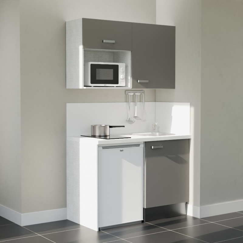 Kitchenette 120 cm gris K07L-PT, crédence et plan de travail stratifié blanc, frigo et micro-ondes blanc Kitchenette 120 cm gris K07L-PT, crédence et plan de travail stratifié blanc, frigo et micro-ondes blanc