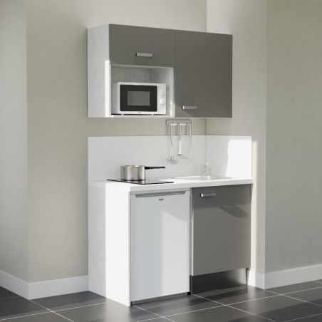 Kitchenette 120 cm gris K07L-PT, crédence et plan de travail stratifié blanc, frigo et micro-ondes blanc