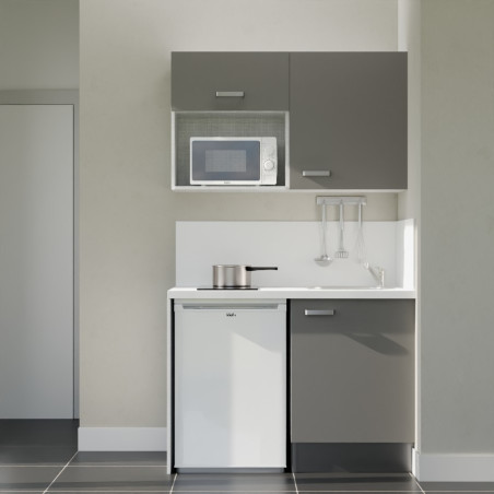 Kitchenette 120 cm gris K07L-PT, crédence et plan de travail stratifié blanc, frigo et micro-ondes blanc