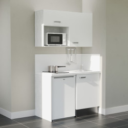 Kitchenette 120 cm blanche K07L-PT, crédence et plan de travail stratifié blanc, frigo et micro-ondes blanc