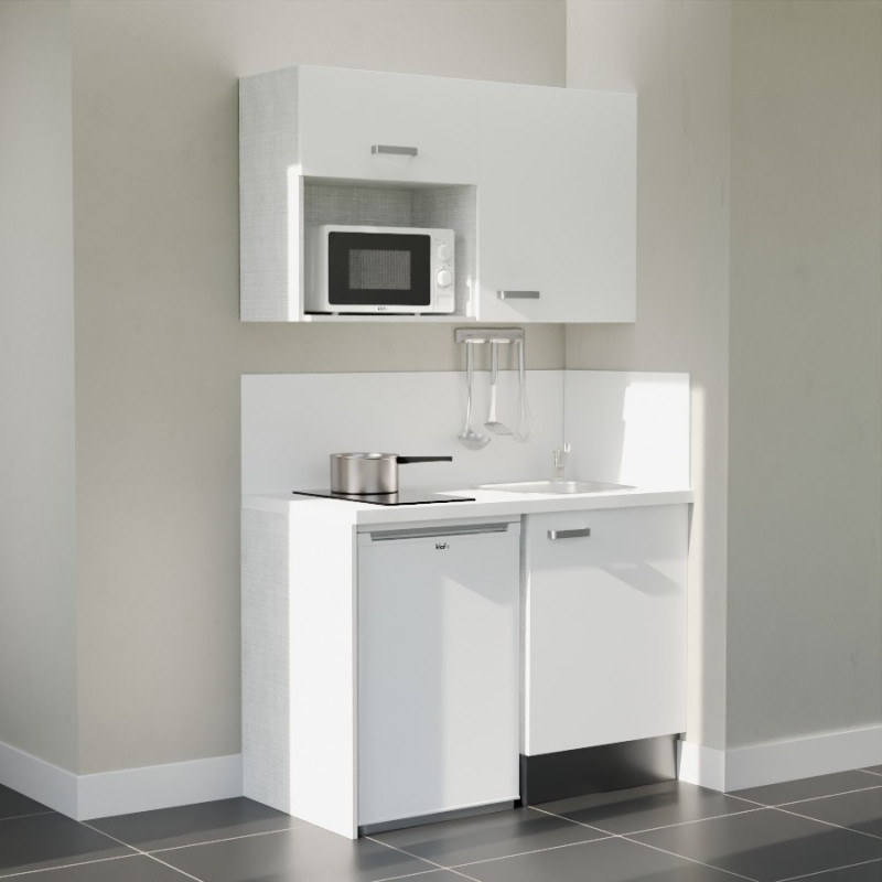 Kitchenette 120 cm blanche K07L-PT, crédence et plan de travail stratifié blanc, frigo et micro-ondes blanc Kitchenette 120 cm blanche K07L-PT, crédence et plan de travail stratifié blanc, frigo et micro-ondes blanc