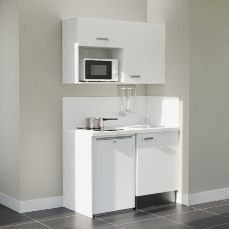 Kitchenette 120 cm blanche K07L-PT, crédence et plan de travail stratifié blanc, frigo et micro-ondes blanc
