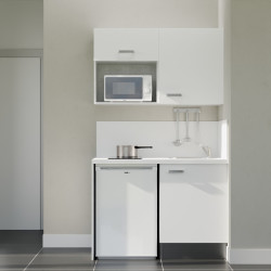 Kitchenette 120 cm blanche K07L-PT, crédence et plan de travail stratifié blanc, frigo et micro-ondes blanc