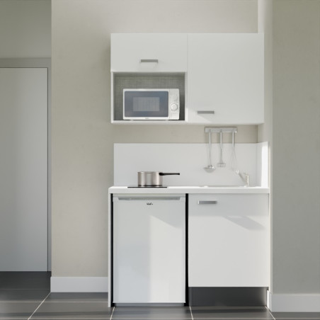 Kitchenette 120 cm blanche K07L-PT, crédence et plan de travail stratifié blanc, frigo et micro-ondes blanc