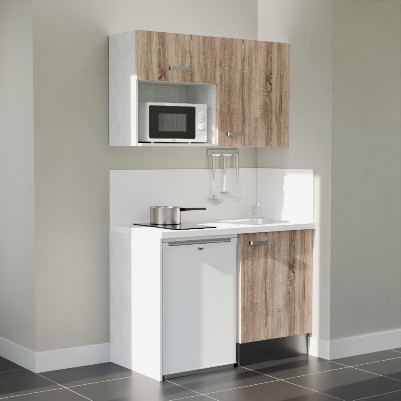 Kitchenette 120 cm bois K07L-PT, crédence et plan de travail stratifié blanc, frigo et micro-ondes blanc Kitchenette 120 cm bois K07L-PT, crédence et plan de travail stratifié blanc, frigo et micro-ondes blanc