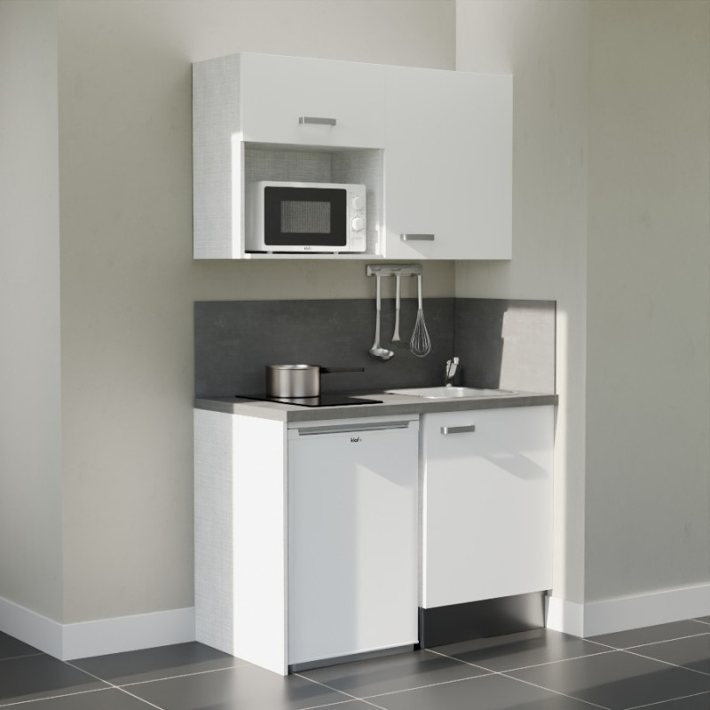 Kitchenette 120 cm blanche K07L-PT, crédence et plan de travail stratifié gris, frigo et micro-ondes blanc Kitchenette 120 cm blanche K07L-PT, crédence et plan de travail stratifié gris, frigo et micro-ondes blanc