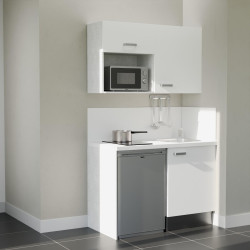 Kitchenette 120 cm blanche K07L-PT, crédence et plan de travail stratifié blanc, frigo et micro-ondes inox