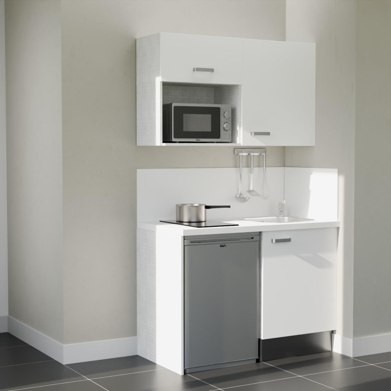 Kitchenette 120 cm blanche K07L-PT, crédence et plan de travail stratifié blanc, frigo et micro-ondes inox Kitchenette 120 cm blanche K07L-PT, crédence et plan de travail stratifié blanc, frigo et micro-ondes inox