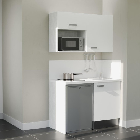 Kitchenette 120 cm blanche K07L-PT, crédence et plan de travail stratifié blanc, frigo et micro-ondes inox