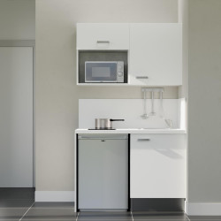 Kitchenette 120 cm blanche K07L-PT, crédence et plan de travail stratifié blanc, frigo et micro-ondes inox