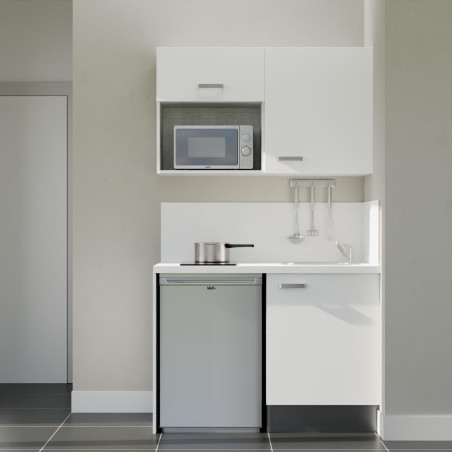 Kitchenette 120 cm blanche K07L-PT, crédence et plan de travail stratifié blanc, frigo et micro-ondes inox