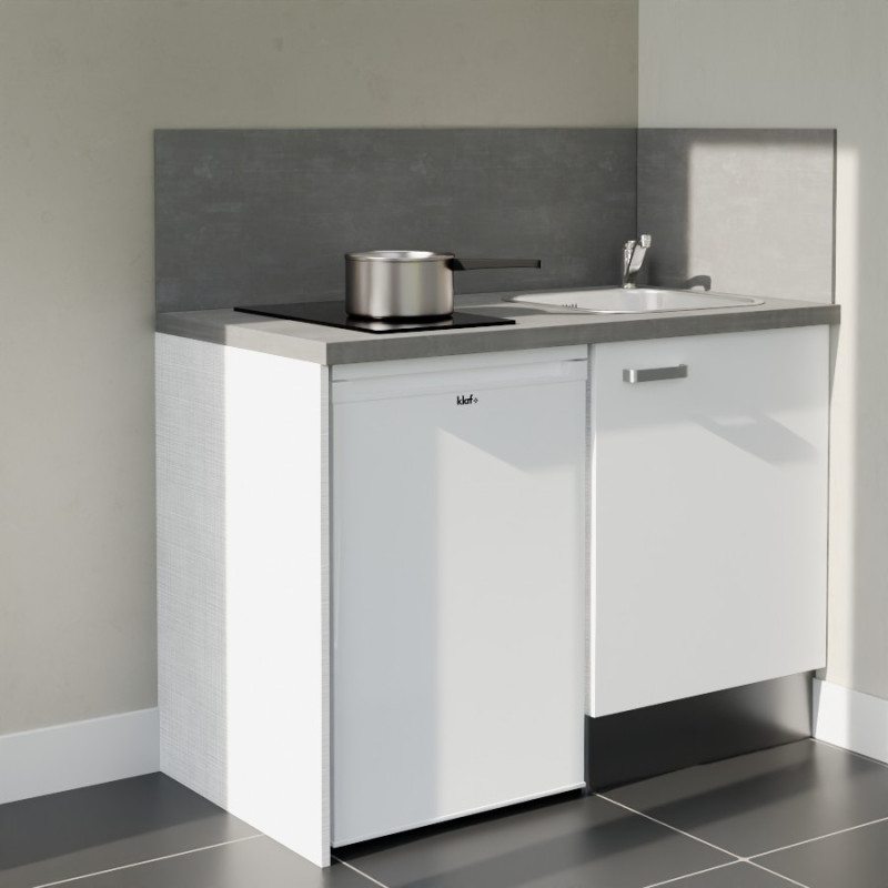 Kitchenette 120 cm blanche K08L-PT, crédence et plan de travail stratifié gris, plaque de cuisson et frigo blanc Kitchenette 120 cm blanche K08L-PT, crédence et plan de travail stratifié gris, plaque de cuisson et frigo blanc